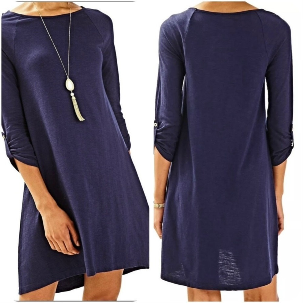 Lilly Pulitzer‎ 26198 Surfcrest Swing Dress MEDIUM Modal Cotton Tab Sleeves Navy